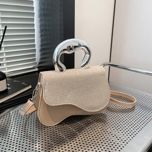 Women Irregular Metal Handle Wavy Rhinestone Flap Crossbody Bag Luxury PU Leather Saddle Bag Stylish Shoulder Handbag Accessory