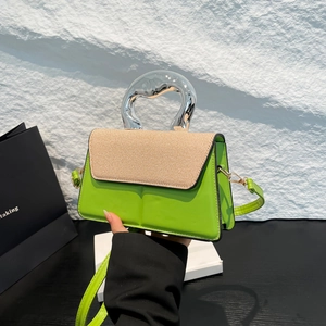Chic green contrast color handbag with straw lid and artistic silver handle for women