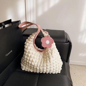 Women Korean Fashion Bubble Texture Tote Bag Minimalist Pleated Shoulder Underarm Bag With Flower Charm For Daily Commute