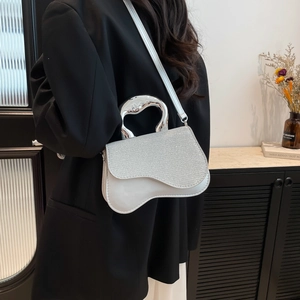 Silver sequin handbag with liquid metal handle and white leather base for women