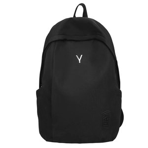 Minimalist black nylon backpack with white Y print and large capacity for commuting
