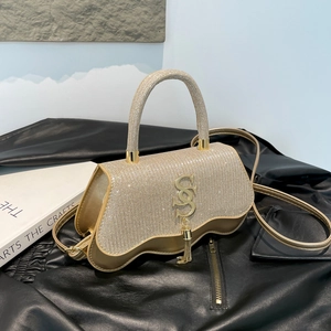 Sac à Main de Luxe en Strass pour Femme en Cuir PU à Fond Ondulé Sac Bandoulière avec Gland Lettre en Métal Sac de Soirée
