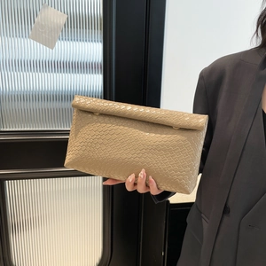 Minimalist beige woven texture clutch bag with flap closure for professional women