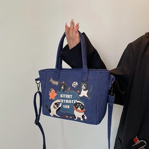 Borsa Tote in Denim da Donna Stile Coreano Con Stampa Gatto Cartoon Vintage Casual Borsa a Tracolla Con Tracolla Regolabile