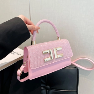 Women Luxury PU Leather Sequin Patchwork Crossbody Bag With Metal Logo Chic Small Square Handbag For Party Everyday Shoulder Bag