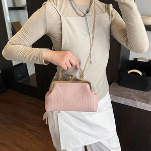 Pale pink woven shell clutch bag with vintage gold metal frame and chain shoulder strap