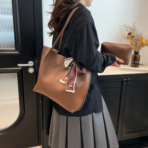 Brown large capacity tote bag set with matching pouch and stylish printed silk scarf