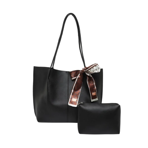 Classic black leather tote bag set with matching pouch and printed scarf on white background