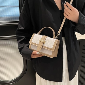 Retro woven texture contrast handbag with gold buckle and adjustable crossbody strap