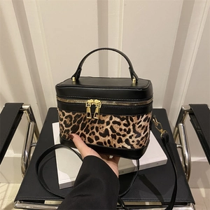 Borsa a Secchiello con Giunzione Leopardata da Donna Stile Coreano in Pelle PU Borsa a Tracolla Cilindrica Doppia Cerniera Oro Borsa a Spalla Moda