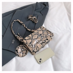 Détail de l'ensemble sac à main serpent avec pochette ronde et bandoulière réglable
