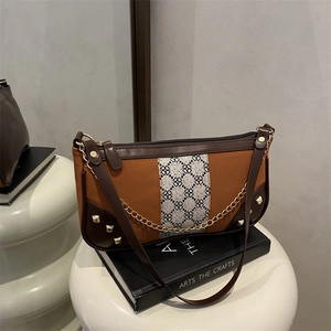 Retro Patchwork PU Leather Underarm Bag For Women Fashion Geometric Floral Shoulder Bag With Metal Chain Rivets Baguette Bag