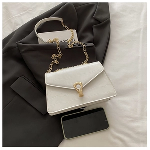 Detail of white crocodile pattern shoulder bag with horseshoe metal buckle and chain strap