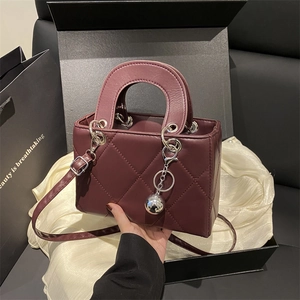 Elegant Diamond Quilted Women Square Bag PU Leather Top Handle Crossbody Shoulder Bag With Metal Ball Charm Versatile Daily Handbag