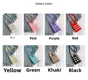 Detailed grid view showcasing eight color options for the knitted heart pattern phone bag