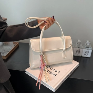 Women PU Leather Shoulder Bag Solid Color Simple Underarm Bag Retro Tote Bag With Pendant Versatile Fashion Baguette Bag