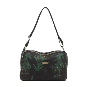 Lightweight black tote bag with green leaf prints and three zipper compartments
