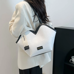 Classic white woven tote bag with V-shaped cut and contrasting black trim for women