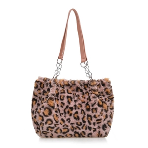 Chic pink leopard print faux fur tote bag with pink leather and silver chain strap