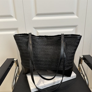Women Large Capacity Woven Straw Tote Bag Fashion PU Leather Splicing Casual Shoulder Bag Summer Vacation Commute Handbag