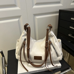 Women Fashion PU Leather Tote Bag Contrast Color Contrast Stitching Large Capacity Shoulder Crossbody Bag Casual Hobo Handbag