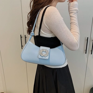 Elegant light blue PU leather hobo bag with a square rhinestone buckle for women