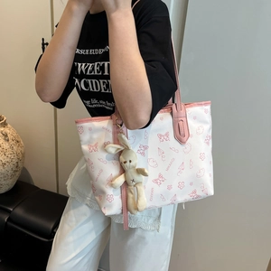 Grand sac fourre-tout avec motifs papillons roses et breloque lapin mignonne