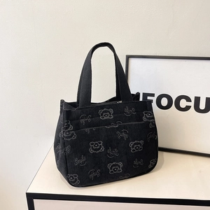 Fashion Corduroy Tote Handbag Women Large Capacity Cartoon Bear Smile Printed Portable Casual Commuter Shopping Storage Bag