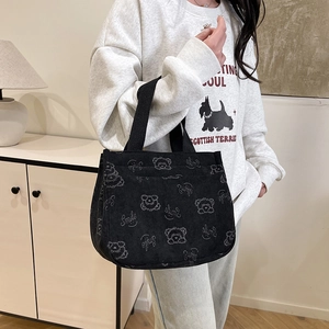 Fashionable black corduroy tote bag with cartoon bear print and large capacity