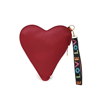 Fashionable red heart-shaped leather clutch bag with LOVE woven wristlet strap