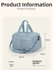 Detailed size chart showing 44x25x24cm dimensions for the light blue travel bag