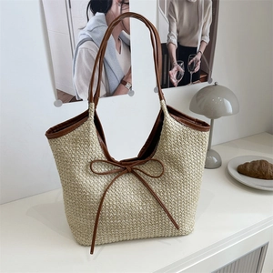 Women Elegant Woven Straw Tote Bag With Bow Decoration Summer Beach Shoulder Bag Large Capacity Casual Handbag For Vacation