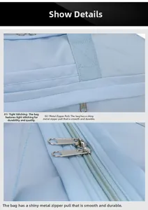 Close-up of high-density stitching and smooth dual metal zippers on light blue beach bag