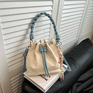 Retro PU Leather Bucket Bag Women Solid Color Drawstring Crossbody Bag Woven Handle Fashion Shoulder Bag Casual Handbag