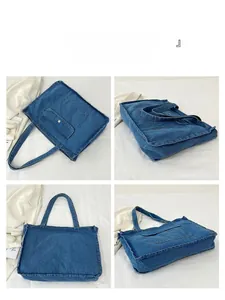 Collage of large denim tote bag showing multiple angles and convenient front snap pocket