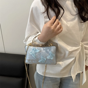 Elegant light blue jacquard clutch bag with 3D butterfly embroidery and gold chain strap