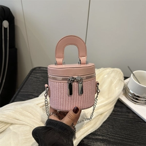Women Fashion Mini Cylindrical Woven Crossbody Bag PU Leather Handbag With Chain Shoulder Strap Street Trendy Box Bag