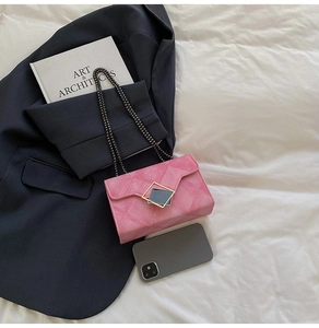 Detail of pink velvet crossbody bag with gold buckle and metal chain strap
