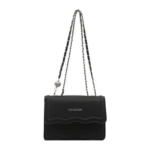Minimalist black leather crossbody bag with wave texture and metal chain strap decoration