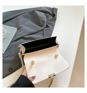 Detail view of cream leather handbag showing gold hardware twist lock and black lining