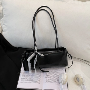 French Style Women Artificial Leather Shoulder Bag Lace Bow Decoration Solid Color Elegant Underarm Bag For Daily Party Travel