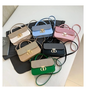 Detailed close-up showing stylish glitter and leather flap bags in six various colors