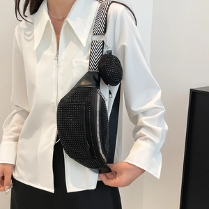Sac banane chic noir avec strass pour femme avec bandoulière géométrique et porte-monnaie