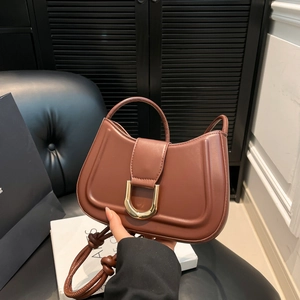 Retro PU Leather Half Moon Crossbody Bag For Women Fashion Solid Color Shoulder Underarm Bag With Gold Metal Buckle Knotted Strap