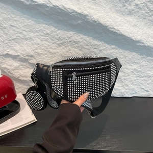 Fashionable black rhinestone waist bag with mini coin purse and geometric strap