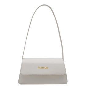 Minimalistische weiße Schultertasche aus Leder mit goldenem 'FASHION' Schriftzug