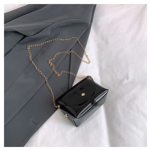 Dettaglio borsa trasparente in PVC nero con tracolla a catena dorata e chiusura a scatto