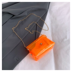 Dettaglio mini borsa a catena arancione trasparente con fibbia dorata su blazer grigio