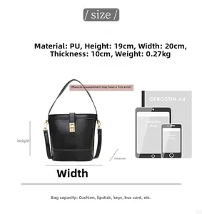 Size chart showing black bucket bag dimensions 19x20x10cm compared to iPad and A4 paper