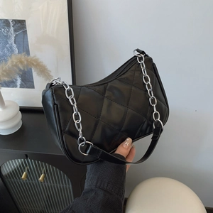 Women Quilted PU Leather Underarm Bag Silver Chain Rhombus Shoulder Bag Street Style Casual Chic Crescent Handbag Travel Pouch